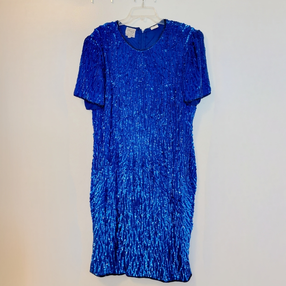 Vintage Beaded Royal Blue Silk Dress by Stenay Plus